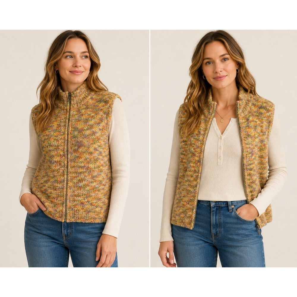 Vintage Wool Blend Marled Zip Sweater Vest Womens M Grandpa Rustic Earthy Fall